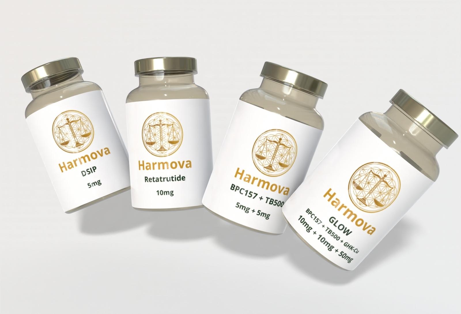 Harmova peptide vials: DSIP, Retatrutide, BPC157 + TB500, and GLOW, available in Canada